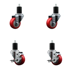 3 Inch Red Poly Wheel Swivel 1-3/4 Inch Expanding Stem Caster Set 2 Brakes SCC