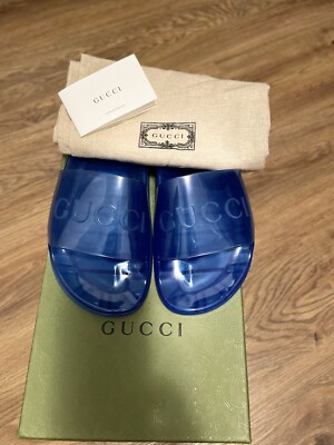 GUCCI Men's Slide Sandals Gucci Logo, Transparent Blue Rubber