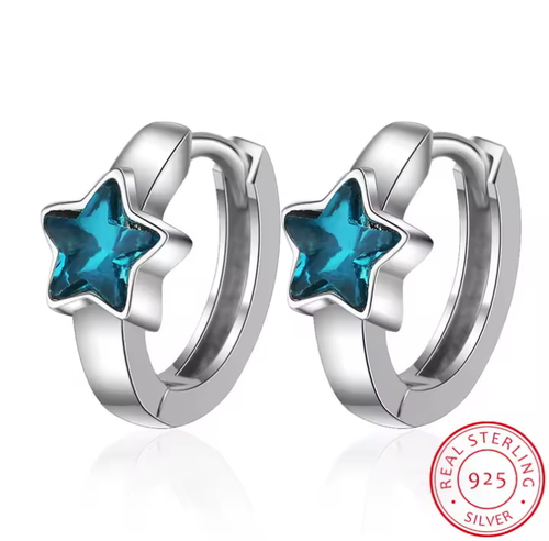 925 STERLING SILVER STAR HOOP EARRINGS, LAB CREATED DIAMOND, GIFT BAG INC - Picture 2 of 2