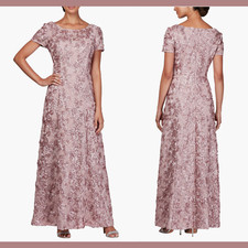 NWT 269 ALEX EVENINGS 6 Embellished Lace Rosette A-Line Gown in Rose S683