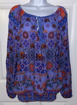 Desigual Sz Medium Rebecca Boho Print Metallic L/S Peasant Top Blouse EUC