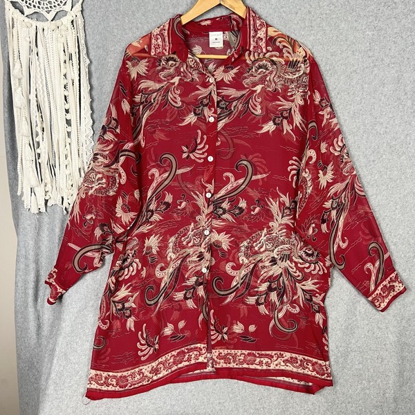 Jantzen Button Shirt Top M Red Floral Long Sleeve Lightweight Beach Cover Tunic