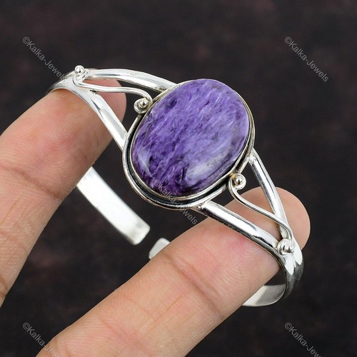 Natural Russian Charoite Gemstone 925 Silver Bangle Adjustable For Women - Picture 4 of 9