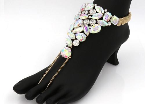 Gold Tone AB Abstract Rhinestone Stretch Toe Ring Anklet - Imagen 1 de 1