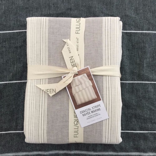 West Elm Coastal Stripe Queen duvet cover only Frost Gray Cotton Linen Beautiful - Picture 6 of 7