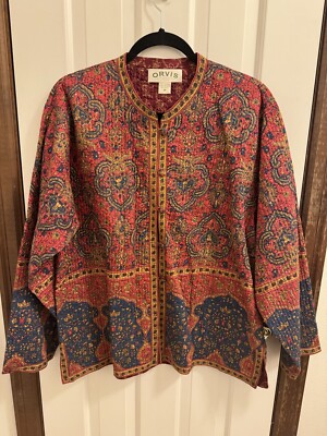 ORVIS 100% Cotton Women Reversible Red Jacket Quilted Boho Paisley Button Sz M