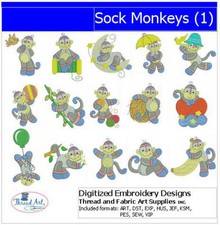 Embroidery Design Set - Sock Monkeys(1) - 15 Designs - 9 Formats - USB Stick