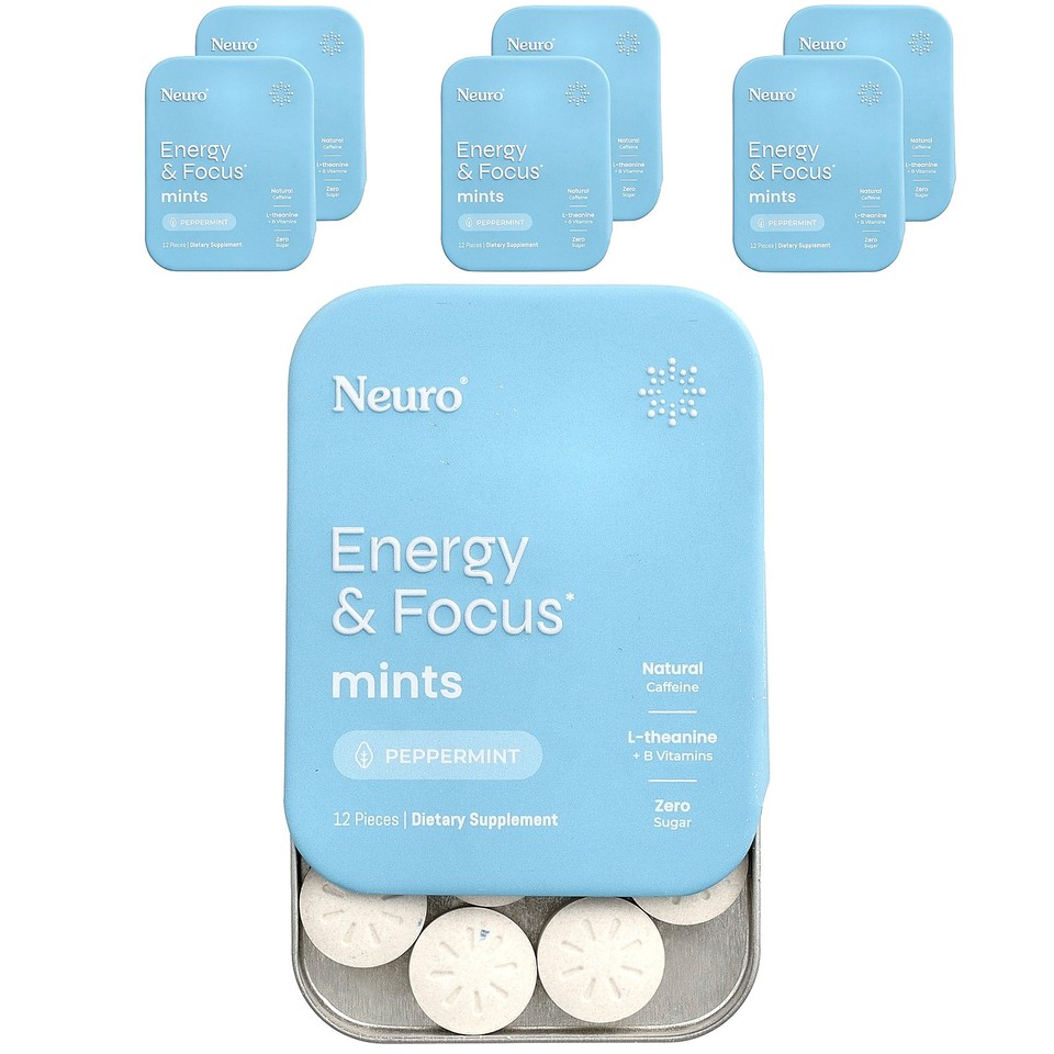 Mints, Energy & Focus, Peppermint, 6 Packs, 12 Pieces Each