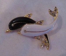Black, White and Gold Twin Dolphin Pin or Brooch