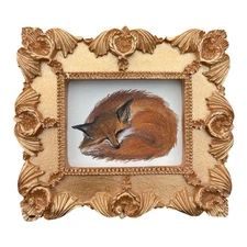 Red Fox watercolor animal print in mini gold vintage style ornate frame