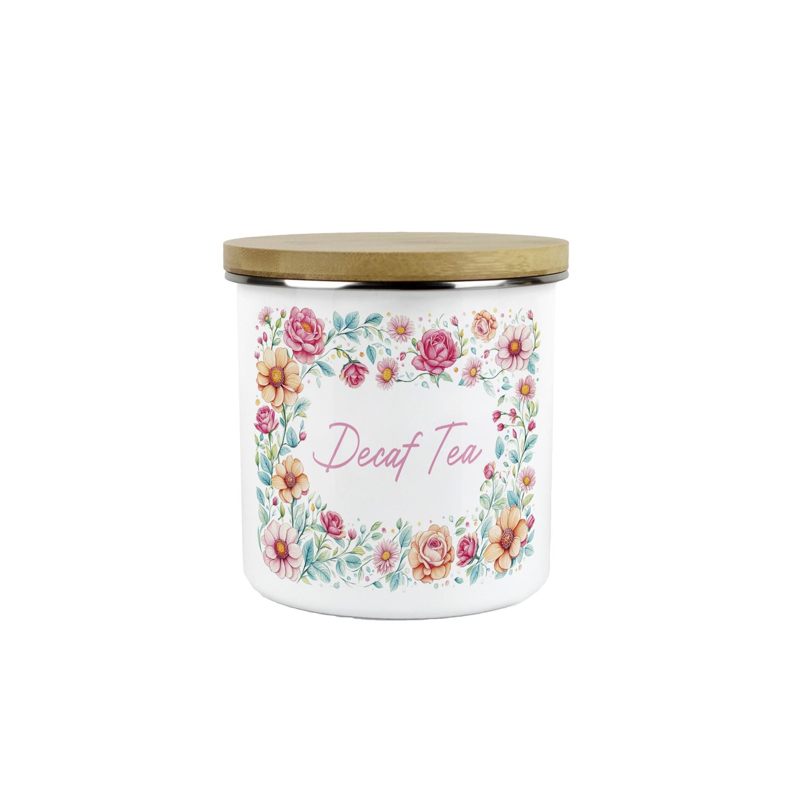 Pink Roses Decaf Tea Canister - Floral Enamel 600ml Kitchen Storage Gifts