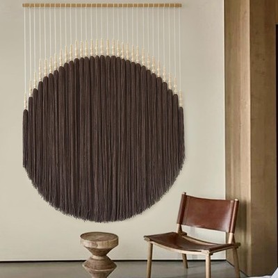Macrame Wall Hanging Brown Yarn Beaded Backdrop Boho Wall Decor Round Tassel ...
