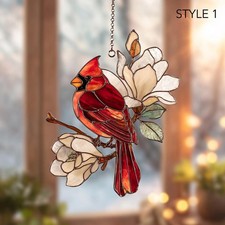 Cardinal Bird Acrylic Suncatcher: Festive Magnolia Flower Christmas Window decor