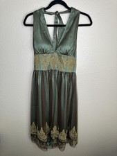 Adrianna Papell Boutique Dress Womens 10 Green Brown Halter Beaded Embroidered