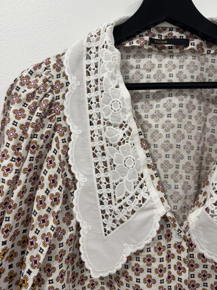 MAJE Cosange Embroidered Collar Printed Linen Shirt size 1 - Image 2 of 4