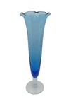 Blue Bud Vase W/Etched Glass Design Ruffled Rim Clear Base 8.14" Vintage 