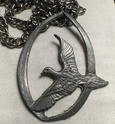 Vintage Large Pewter Flying Bird Teardrop Pendant Necklace 18  Heavy Chain