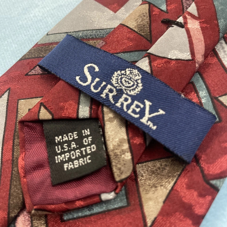 Corbata Surrey Roja Azul Hecha en EE. UU. De Colección Años 90 Arte Geométrico Abstracto Brillante 3.5" 57" Foto 3 de 4