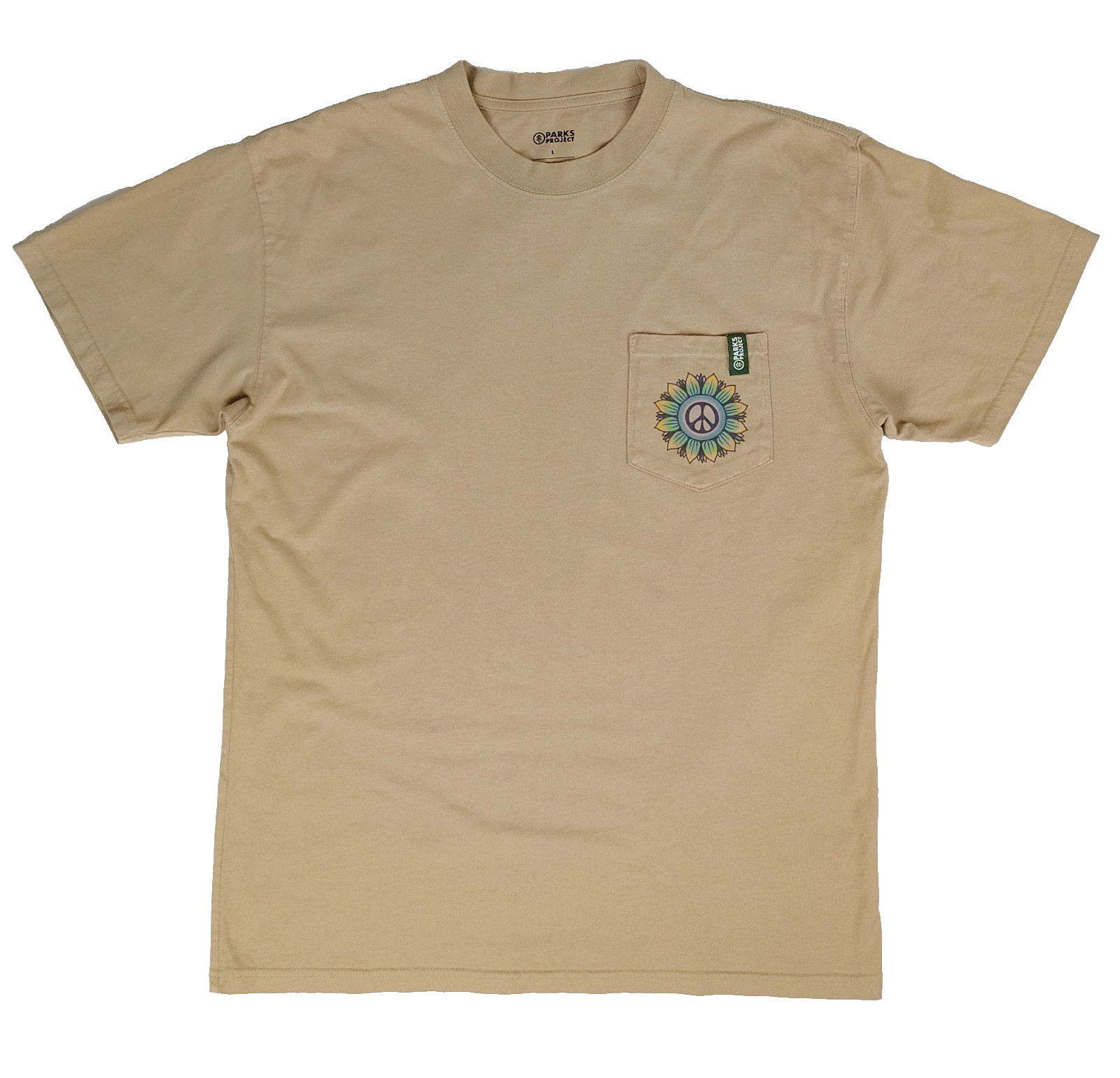 Parks Project Beige Sunflower Peace Pocket Tee Short Sleeve Mens Size Large