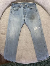 Levis 501 Jeans Mens 33x32 Light Wash Blue Distressed Ripped Stained Denim