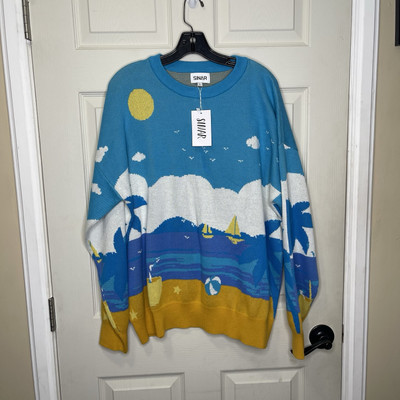 SINAR Men's Blue Yellow Sweater Beach Crew Neck Knit New Sailboat Beach Sz L