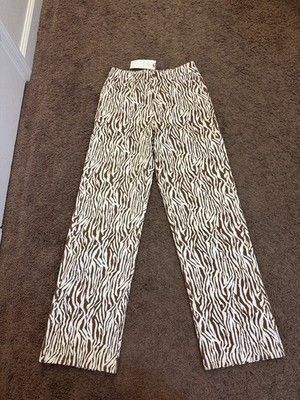 Wayf Brown White Zebra Print High Rise Pants Jeans Straight Leg XS 27 x 30 NEW