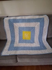 crocheted baby afghan lap blanket blue yellow 40" X 40".