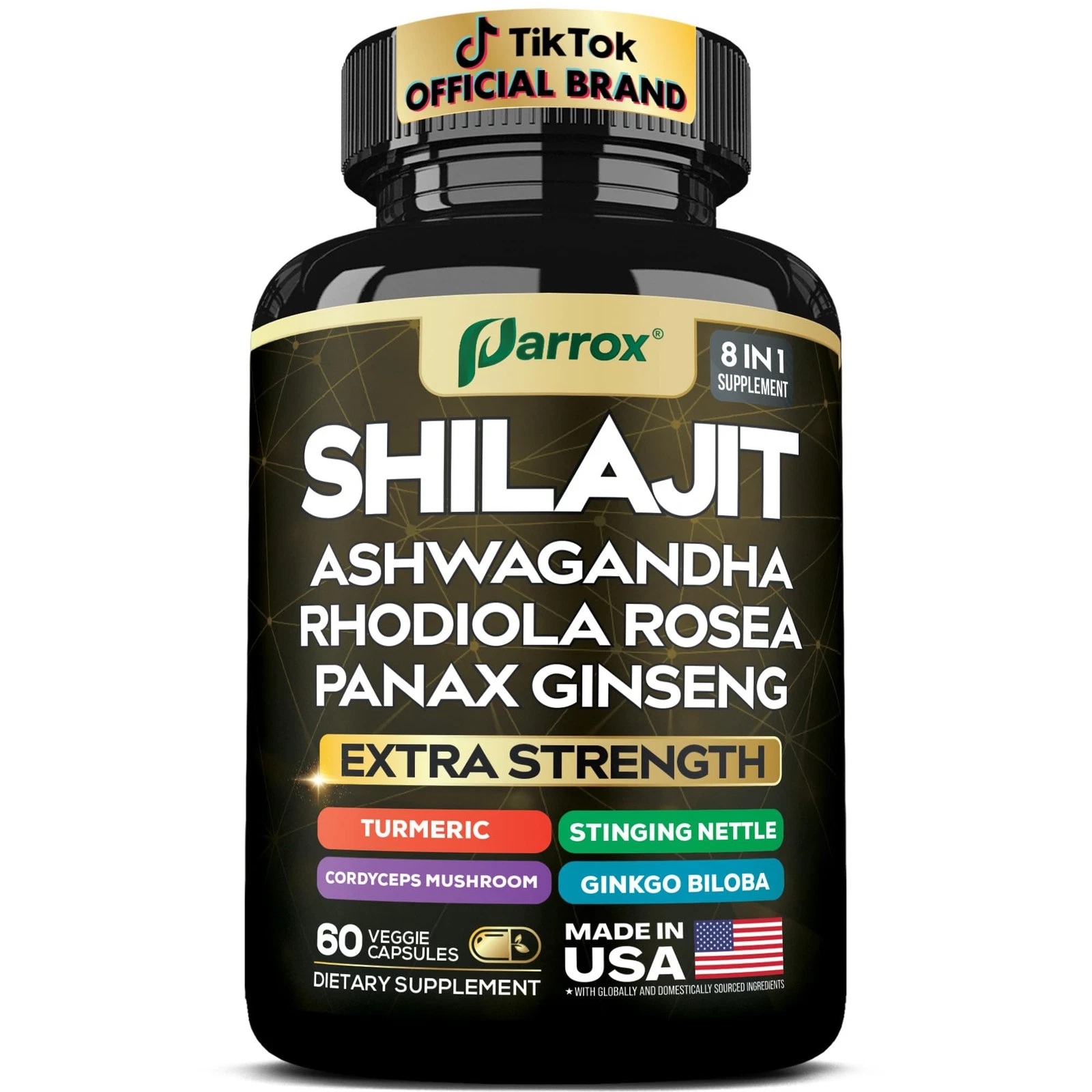 White and black Shilajit supplement bottle with gold text, “8 IN 1” label, and men and women icons on front.