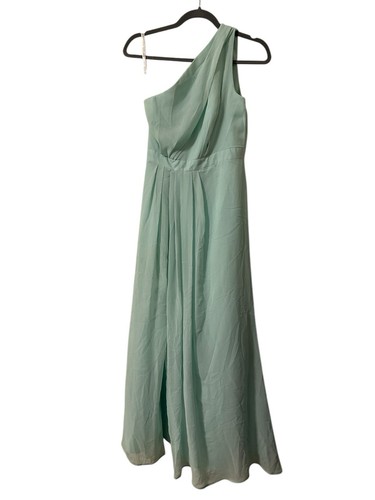 David’s Bridal One Shoulder Ruched Waist Mesh Bridesmaid Dress Dusty Sage Size 2 - Picture 2 of 5