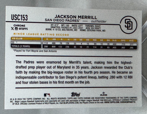 Jackson Merrill 2024 Topps Chrome Update Rookie Negative Refractor USC153 Padres - Picture 2 of 4