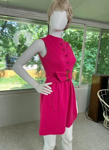 1960s Vintage Lord & Taylor Mod Go Go Mini Dress Belt Hot Pink XS - Picture 3 of 7