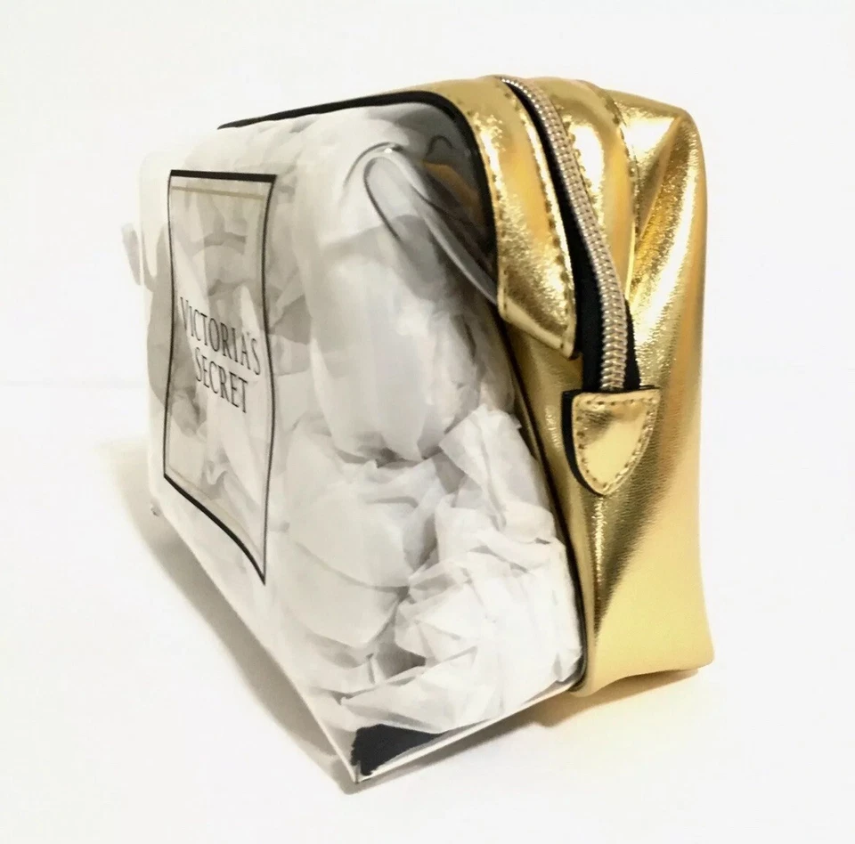 Bolsa de cosméticos de maquillaje Victoria's Secret metálica dorada transparente Foto 3 de 4