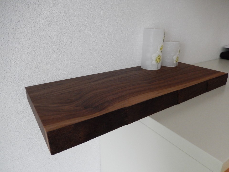 Étagère Murale En Noyer Massif - Planche à Encastrer 130 Cm, Réglable En Hauteur