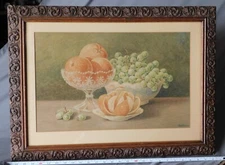 Original antique watercolor still life Percy Sanborn signed framed fruit crystal