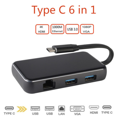 Type C to Gigabit Ethernet Lan Cable Adapter 4K HDMI TV VGA USB 3.0 for Macbook