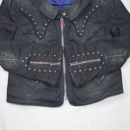 REPLAY Vintage Distressed Biker Stud Crop Denim Jacket Made in Italy Size Small - Picture 2 of 16