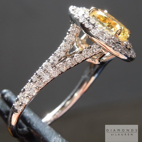 1.64ct Fancy Intense Yellow Oval Shape Halo Ring GIA R3683 Diamonds by Lauren - Picture 3 of 11