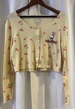 Sanrio Hello Kitty Yellow Cropped Button Cardigan Cherries Y2K Long Sleeve Large