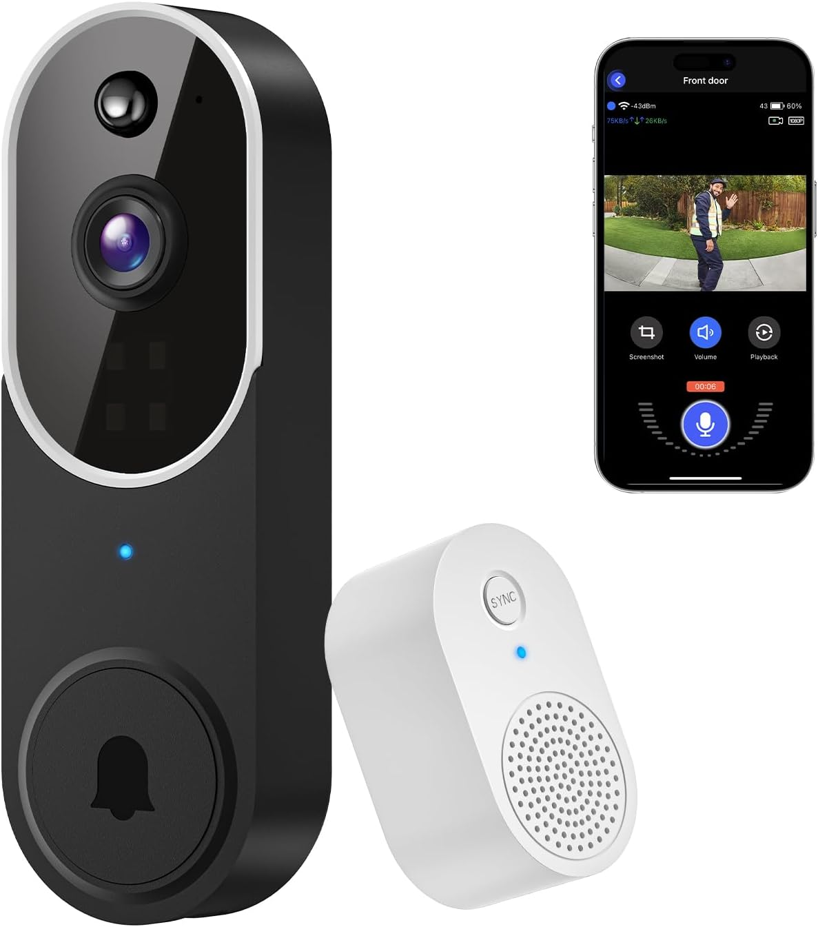 1080P Wireless Video Doorbell Camera, Smart Outdoor Surveillance Cam, FHD Live V