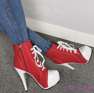 WomenLace Up High Top Canvas Ankle Boots Stiletto Heel Shoes Pointed Toe Sneaker WomenLace Up High Top Canvas Ankle Boots Stiletto Heel Shoes Pointed Toe Sneaker
