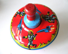 Vintage Tin Spinning Toy Top Astronaut Rocket Ships Sci-fi Metal Toy