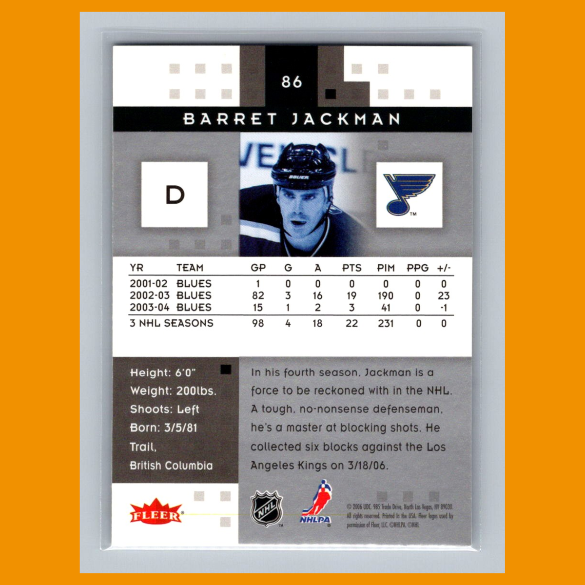 Barret Jackman #86 2005 Fleer Hot Prospects St. Louis Blues Hockey