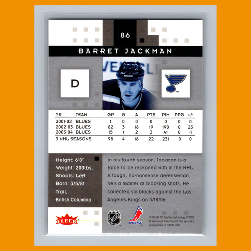 Tarjeta de hockey Barret Jackman #86 2005 Fleer Hot Prospects St. Louis Blues NHL CASI NUEVA - Imagen 2 de 3