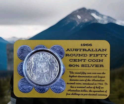 1966 AUS Round 50 Cent Coin 1st STRIKE UK DoubleBAR Custom Card 80% Silver UNC