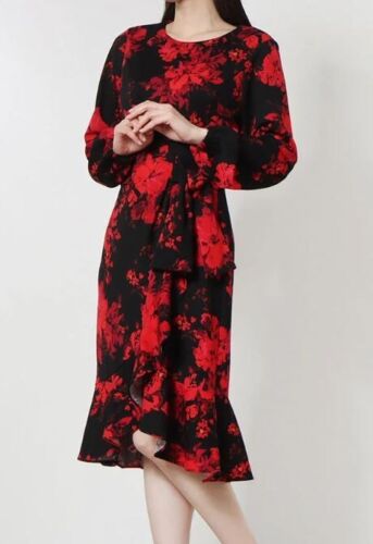 NWT London Times Women's Red Floral Side Tie Ruffle Black Dress Size 6 - Picture 2 of 11