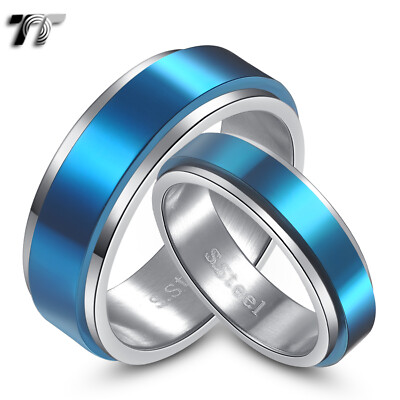 TT S.Steel Blue Spinner Engagement Wedding Band Ring For Couple Engravable