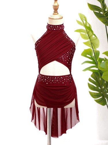Girls Lyrical Modern Dance Dress Rhinestone Backless Leotard Ballroom AU - Picture 9 of 81