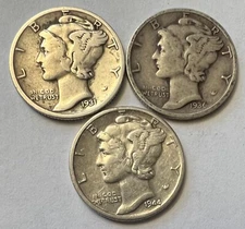 1931-S, 1936-D, 1944-D, SET OF 3 MERCURY DIMES, COINS SAME AS SHOWN IN PHOTO #36