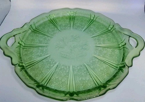 VTG VASELINE JEANETTE CHERRY BLOSSOM DEPRESSION GLASS CAKE PLATE W/HANDLES 1930s