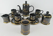 Black and Gold Japanese Cafe Teapot Tea Cup Saucers 12 Piece Set Adam & Eve